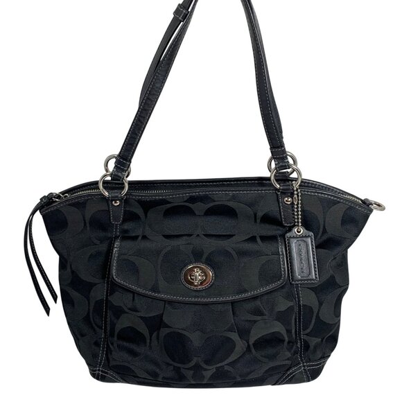Coach Leah Black Signature Logo Jacquard Tote Shoulder Bag F13139 w/ Hang Tag - Picture 1 of 10